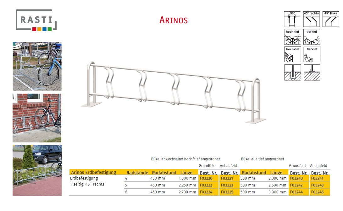 Fietsenrek ARINOS 45° rechts eenzijdig Hoog-Diep Basis 1.800 mm grondbevestiging