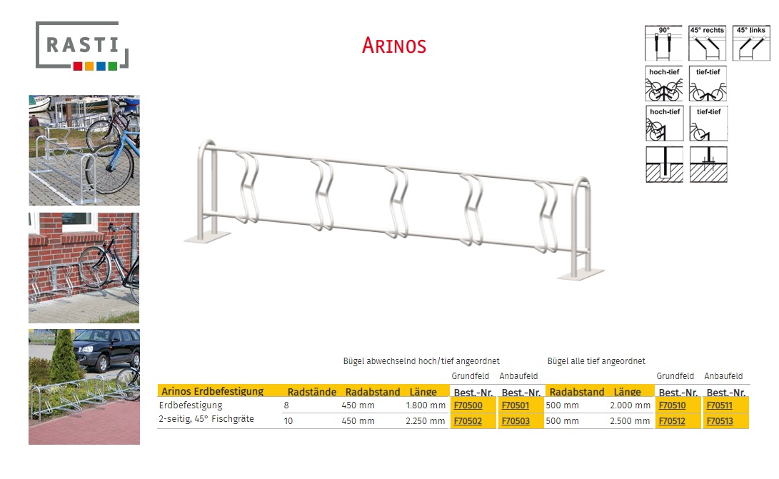 Fietsenrek ARINOS 45° Visgraad Dubbelzijdig Hoog-Diep Basis 1.800 mm grondbevestiging