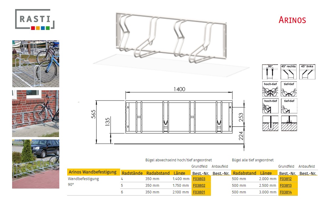 Fietsenrek ARINOS 90° eenzijdig Hoog-Diep Aanbouw 1.750 mm grondbevestiging | DKMTools - DKM Tools