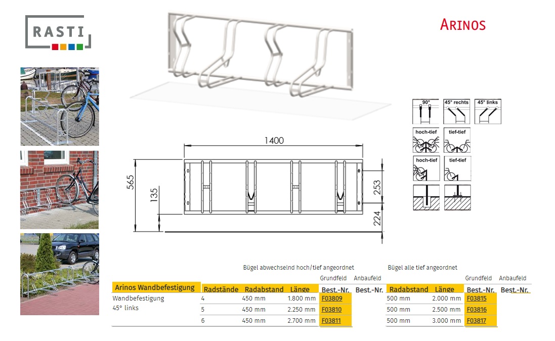 Fietsenrek ARINOS 45° links Hoog-Diep 1.800 mm Muur bevestiging