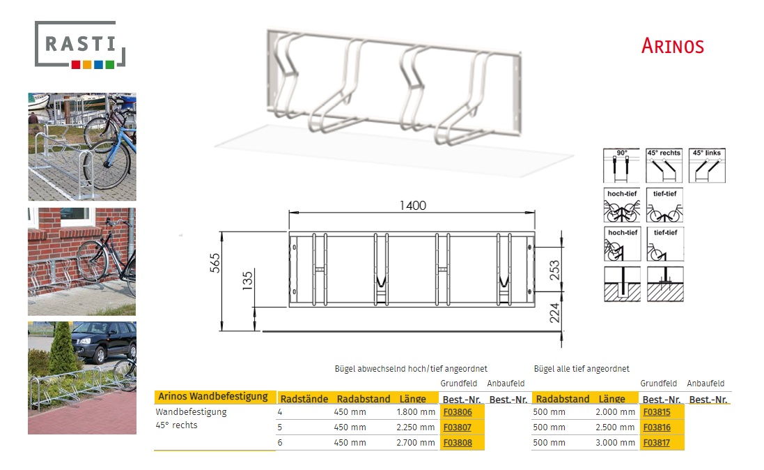 Fietsenrek ARINOS 45° links Diep-Diep 1.800 mm Muur bevestiging | DKMTools - DKM Tools