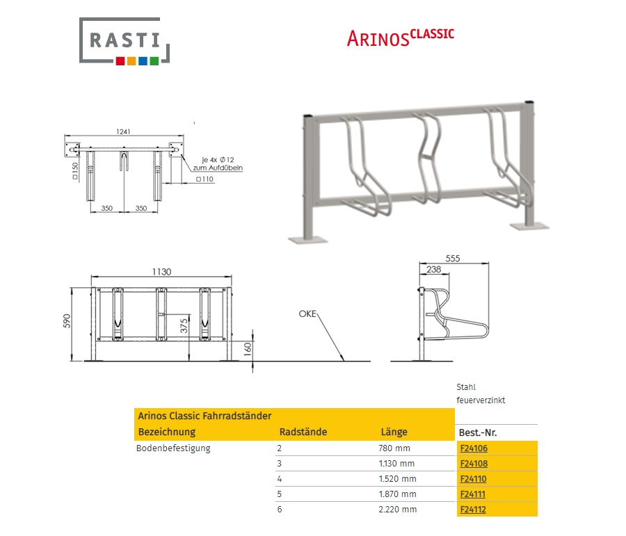 Fietsenrek ARINOS-Classic vloerbevestiging 1.130 mm