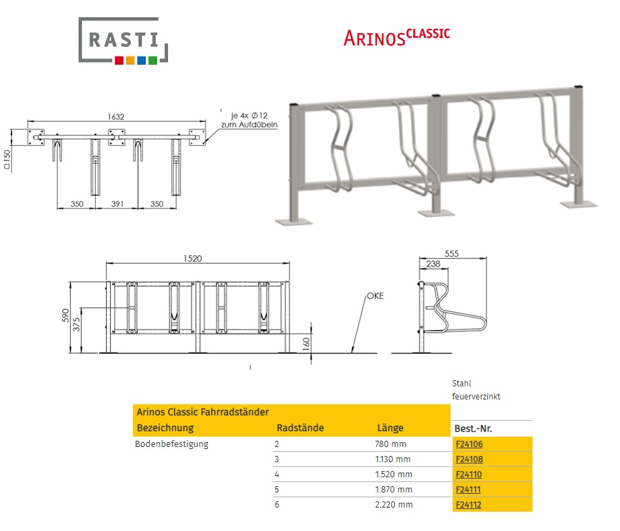 Fietsenrek ARINOS-Classic vloerbevestiging 1.520 mm