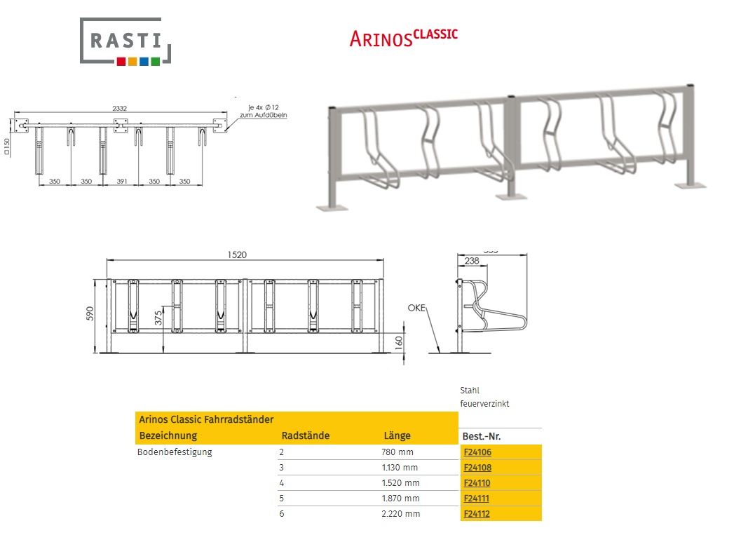 Fietsenrek ARINOS-Classic vloerbevestiging 2.220 mm