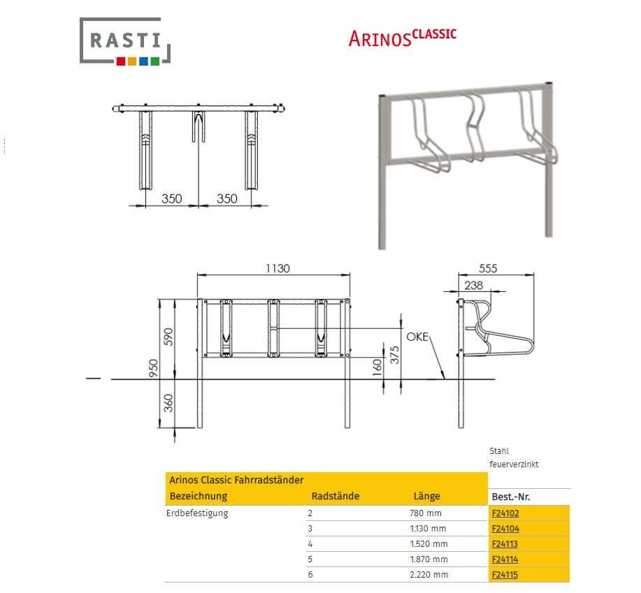 Fietsenrek ARINOS-Classic vloerbevestiging 2.220 mm | DKMTools - DKM Tools