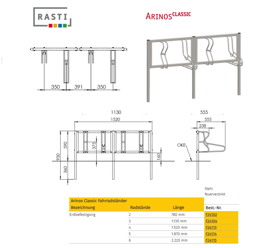 Fietsenrek ARINOS-Classic met grondpin 1.520 mm