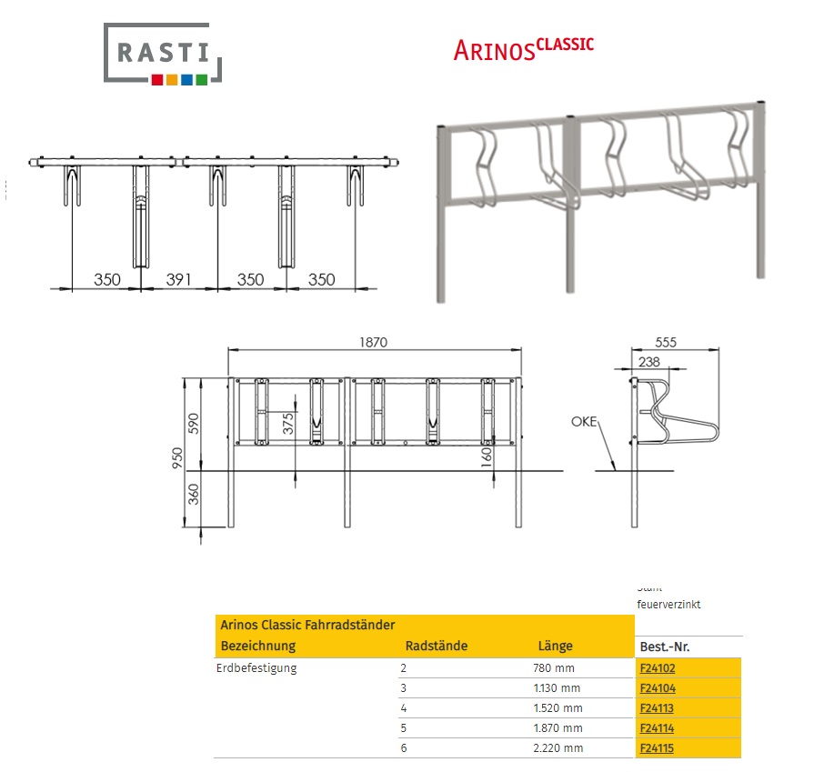 Fietsenrek ARINOS-Classic met grondpin 1.870 mm