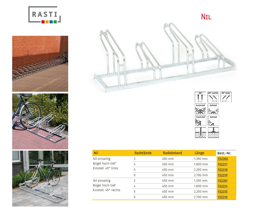 Fietsenrek Nile 45° links eenzijdig Hoog-Diep 1.350 mm