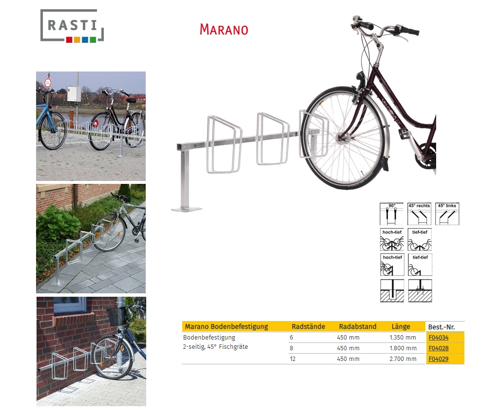 Fietsenrek MARANO 45° Dubbelzijdig Visgraat 1.350 mm vloerbevestiging