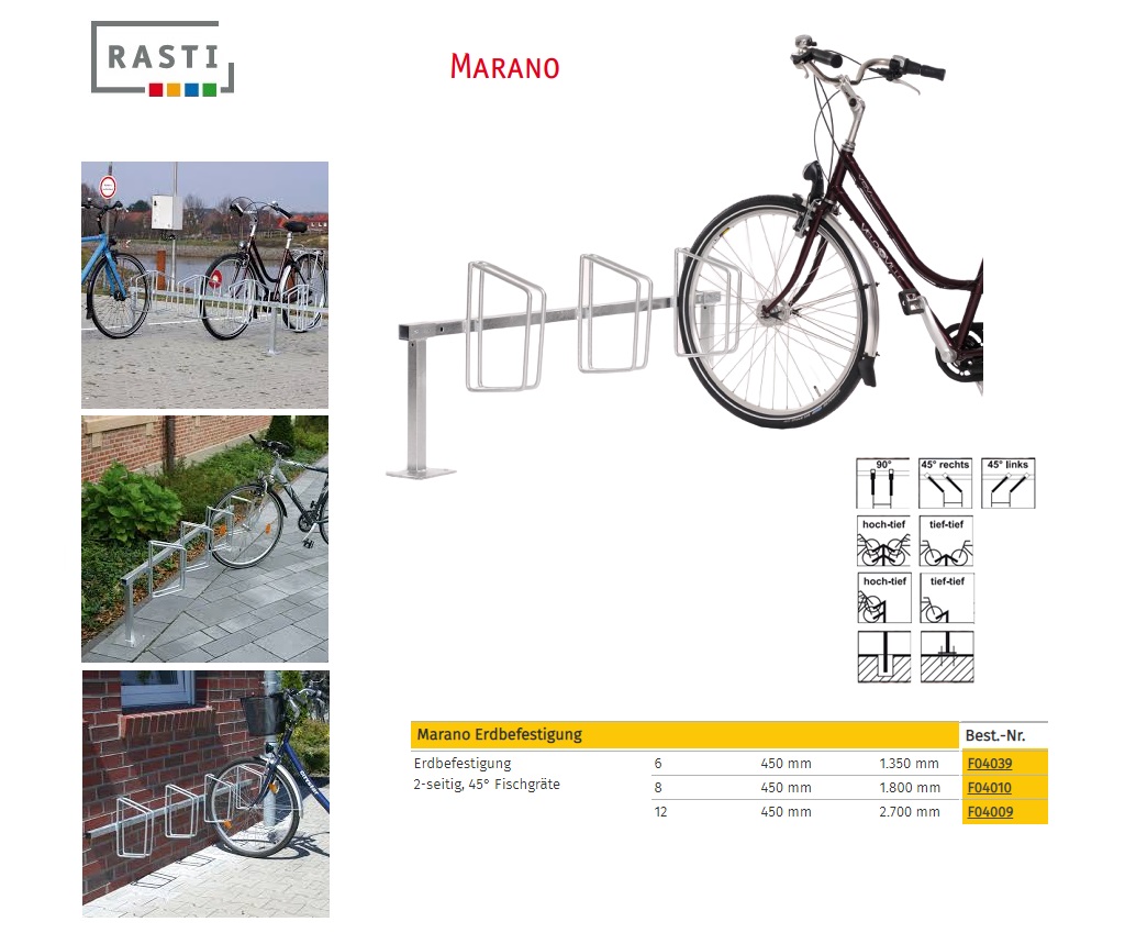Fietsenrek MARANO 45° Dubbelzijdig Visgraat 1.350 mm grondbevestiging
