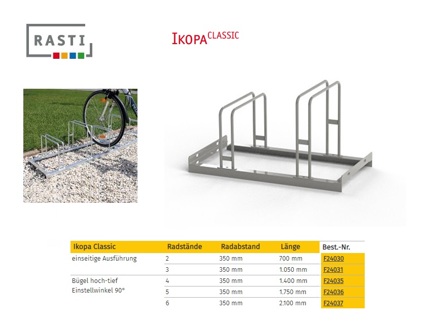 Fietsenrek IKOPA-Classic 90° eenzijdig Hoog-Diep 700 mm