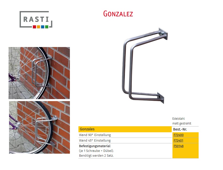 Fietsenrek GONZALEZ 90° Muur bevestiging Mat RVS