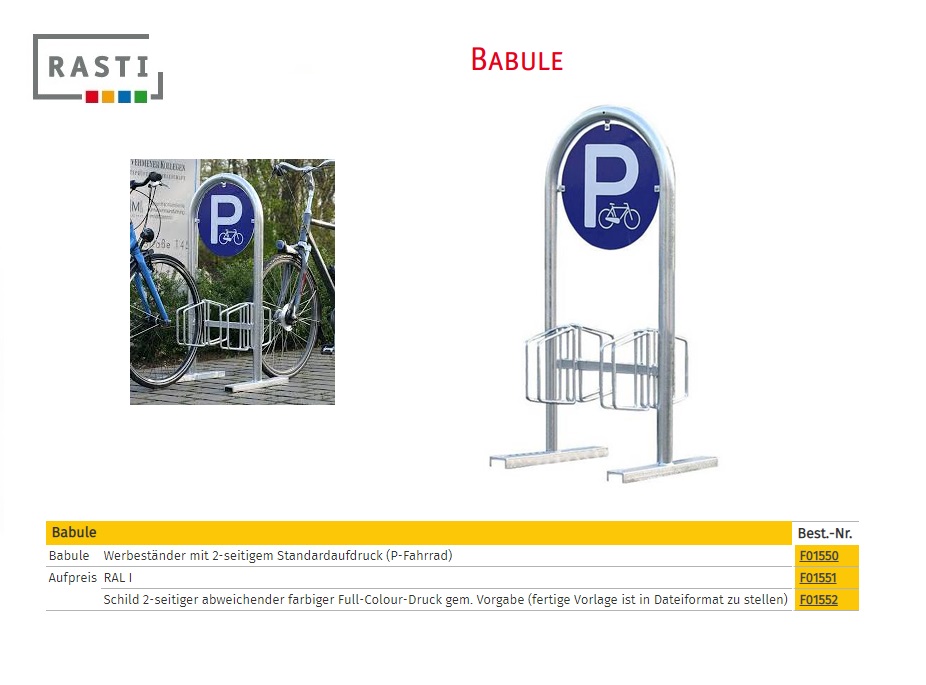 Fietsenrek met reclamebord BABULE