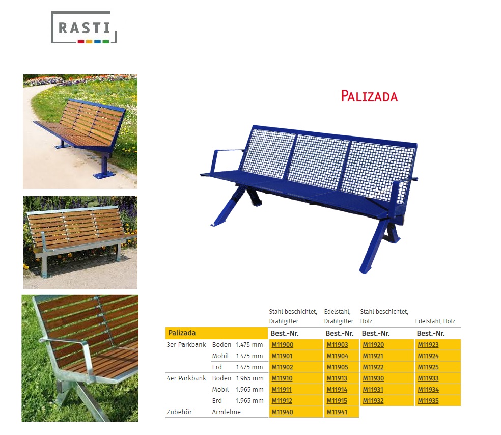 Parkbank PALIZADA 3-zits 1.475 mm gemaakt van stalen zitbekleding van draadgaas