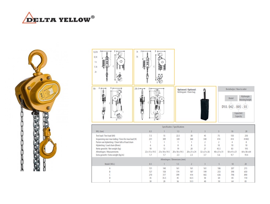 DELTA YELLOW handkettingtakel 500 Kg. x 3 meter