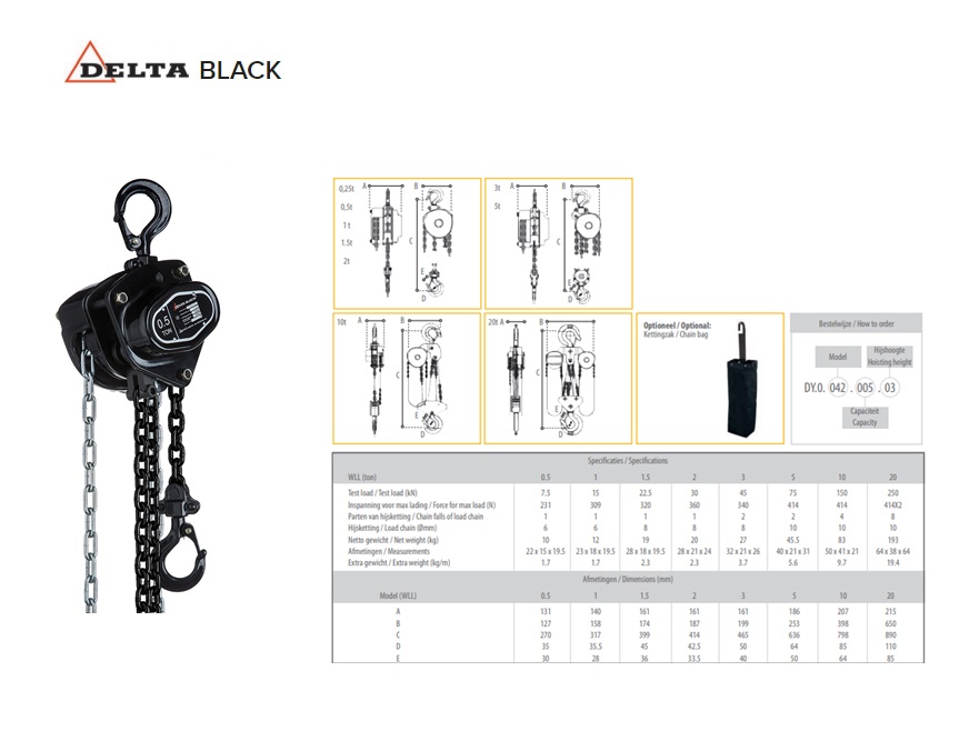 DELTA BLACK handkettingtakel 250 Kg. x 6 meter