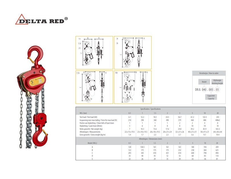 DELTA RED Premium handkettingtakel 3000 Kg. x 3 meter