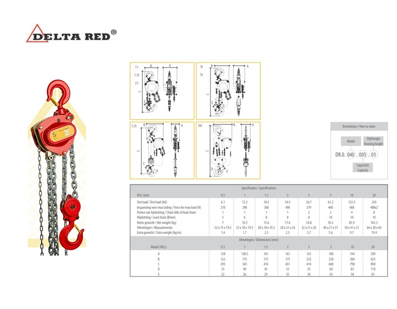DELTA RED Premium handkettingtakel 5000 Kg. x 3 meter