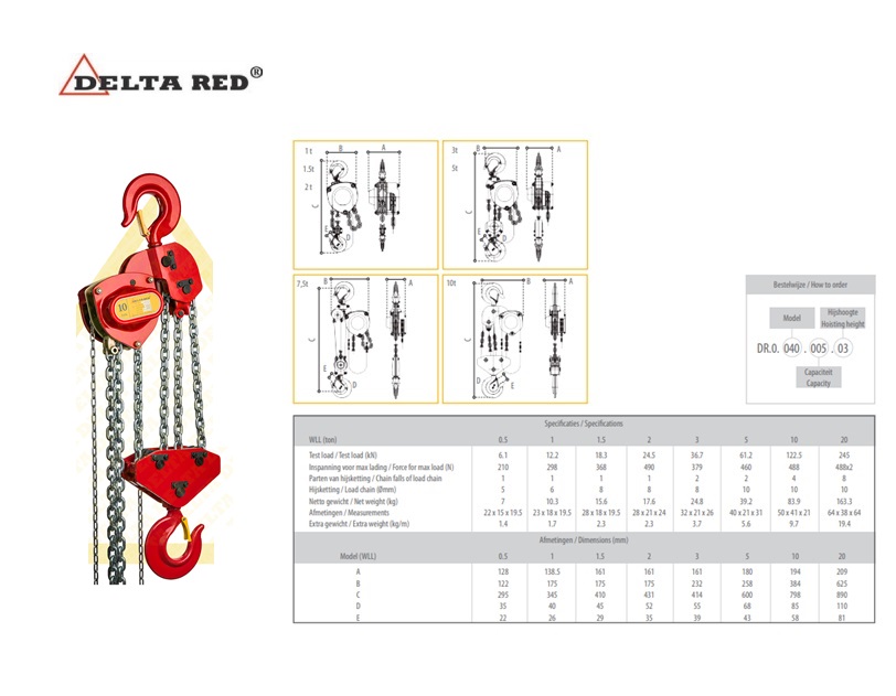 DELTA RED Premium handkettingtakel 10000 Kg. x 3 meter