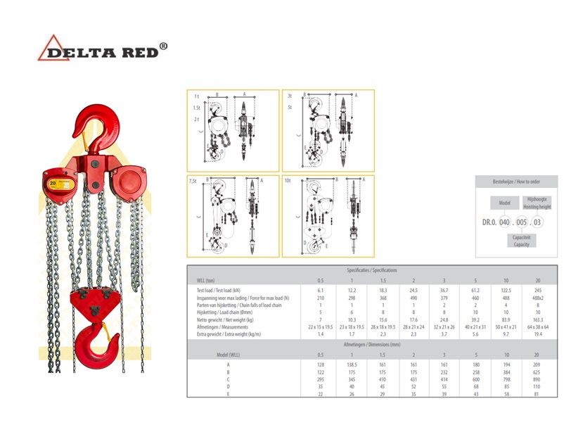 DELTA RED Premium handkettingtakel 20000 Kg. x 3 meter