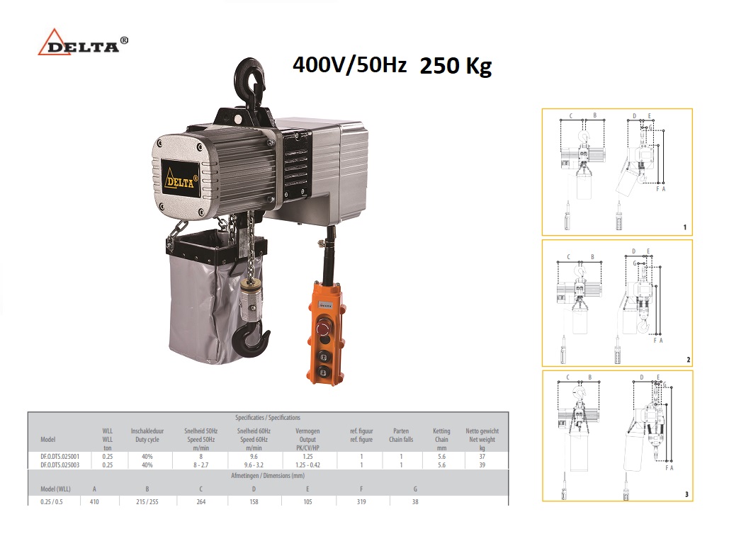 Elektrische kettingtakel 250kg -3mtr SG.DTS - 400V enkel