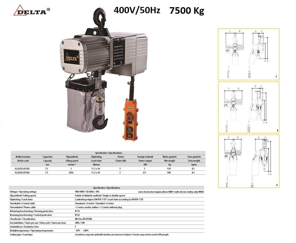 Elektrische kettingtakel 7500kg -3mtr SG.DTS - 400V Dubbel