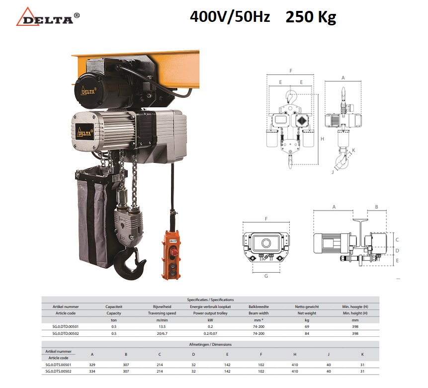 Elektrische kettingtakel 250kg -6mtr  SG.DTD 400V enkel | DKMTools - DKM Tools