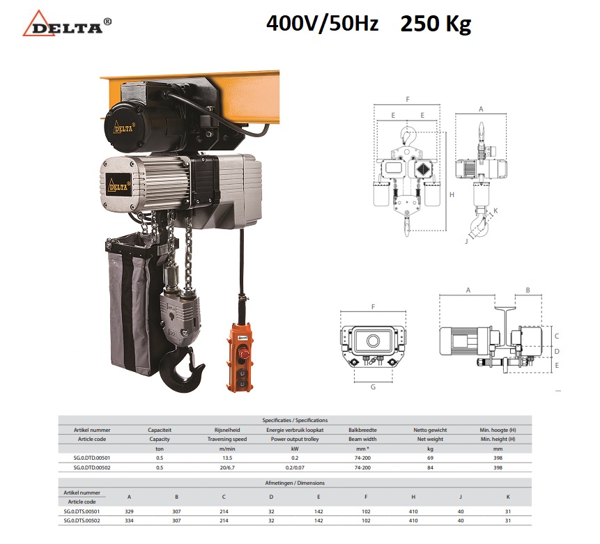 Elektrische kettingtakel 250kg -3mtr SG.DTD 400V Dubbel