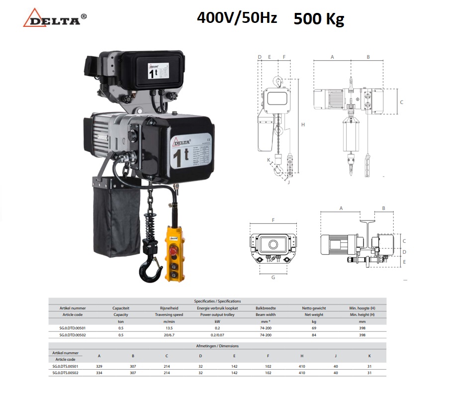 Elektrische kettingtakel 500kg -3mtr SG.DTD - 400V enkel