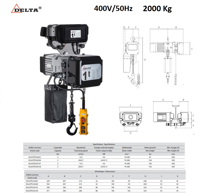 Elektrische kettingtakel 2000kg -3mtr SG.DTD - 400V enkel