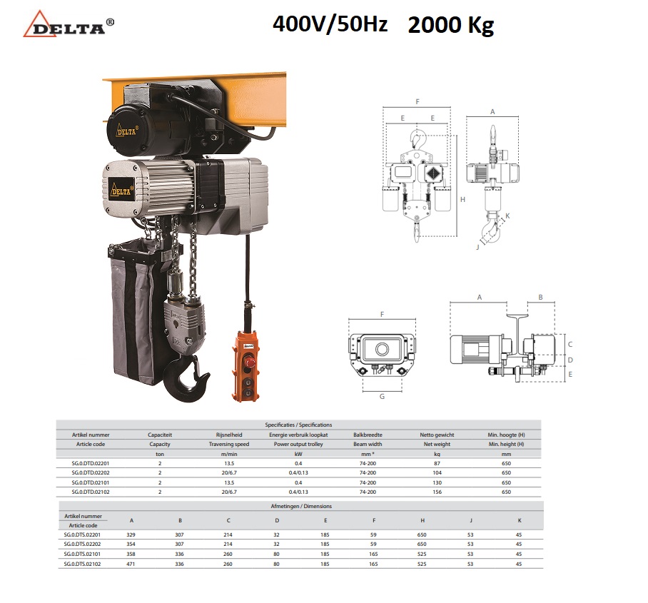 Elektrische kettingtakel 2000kg -3mtr SG.DTD - 400V Dubbel