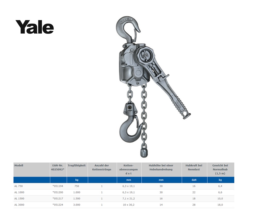 Yale Aluminium Rateltakel 750kg x 1,5m