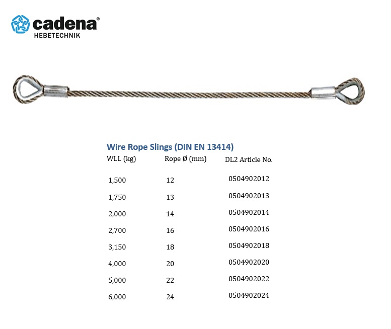 Staalkabelstrop 1000 mm x 12 mm enkelstrengs met 2 ogen