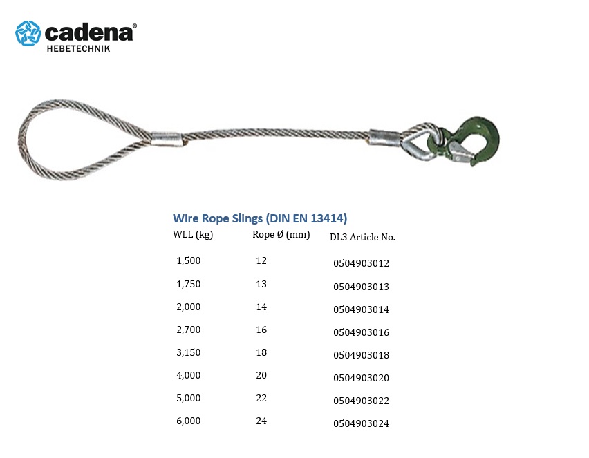 Staalkabelstrop 1000 mm x 12 mm enkelstrengs met lus en haak