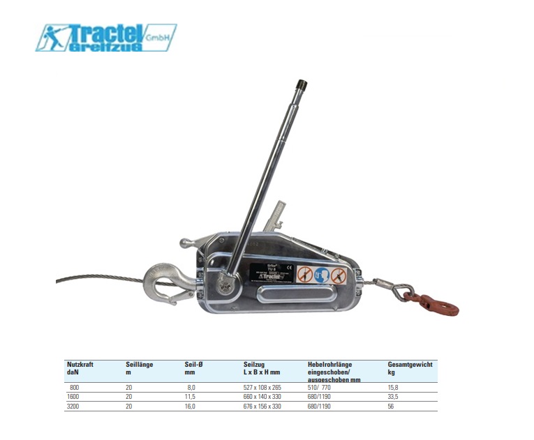 Tractel Tirfor TU-8 met 20m staalkabel 800 kg