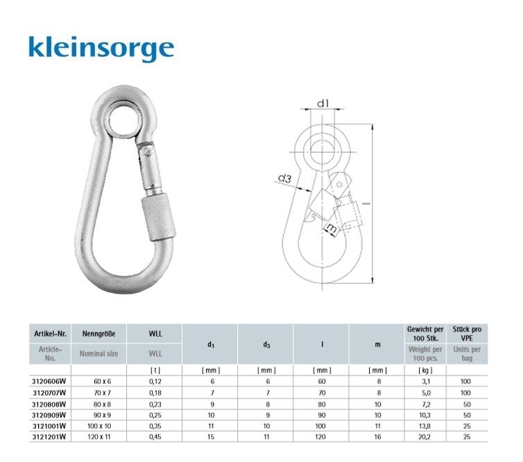 Karabijnhaak met schroef en oog DIN 5299 Form C 60 x 6 mm galv. verzinkt 0,12 t