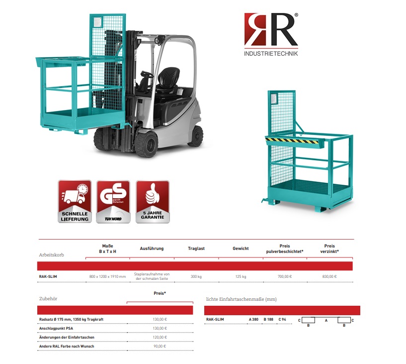 Werkkooi Typ RAK-Slim 800 x 1200 x 1910 mm RAL 5018