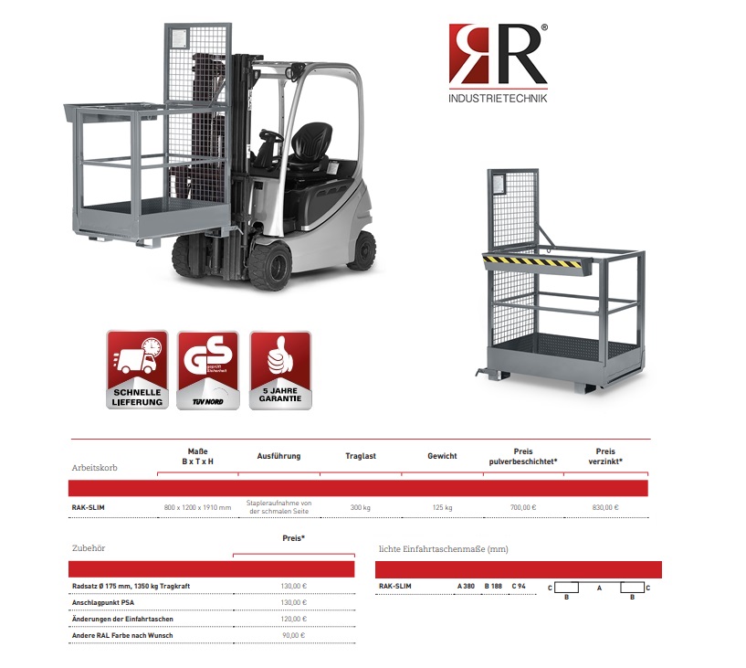 Werkkooi Typ RAK-Slim 800 x 1200 x 1910 mm RAL 7005