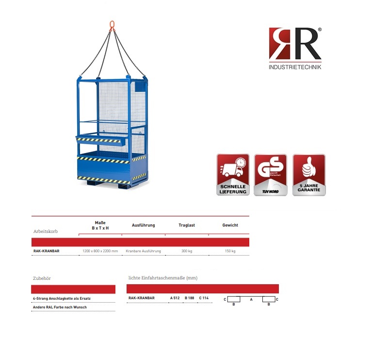 Werkkooi opname met kraan Typ RAK-Kranbar 1200 x 800 x 2200 mm RAL 5010