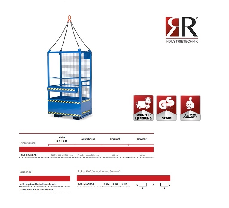 Werkkooi opname met kraan Typ RAK-Kranbar 1200 x 800 x 2200 mm RAL 2004 | DKMTools - DKM Tools