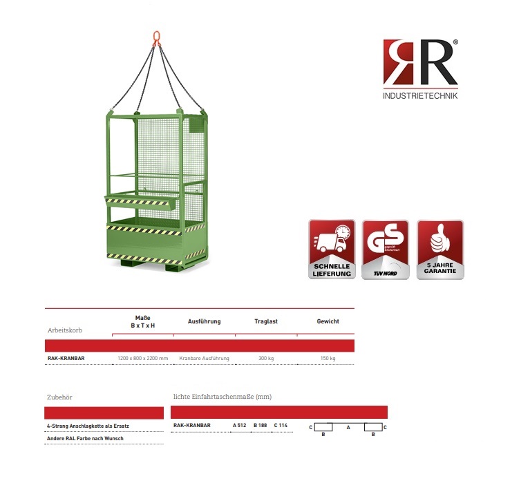 Werkkooi opname met kraan Typ RAK-Kranbar 1200 x 800 x 2200 mm RAL 6011