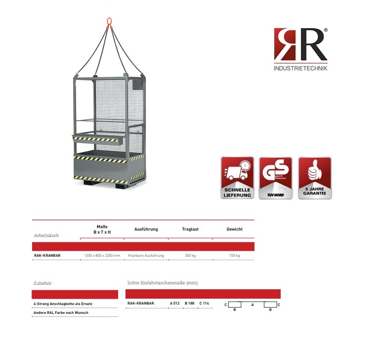 Werkkooi opname met kraan Typ RAK-Kranbar 1200 x 800 x 2200 mm RAL 7005