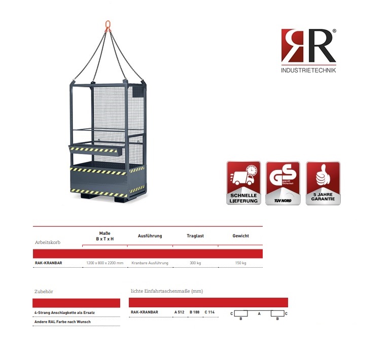 Werkkooi opname met kraan Typ RAK-Kranbar 1200 x 800 x 2200 mm RAL 7016