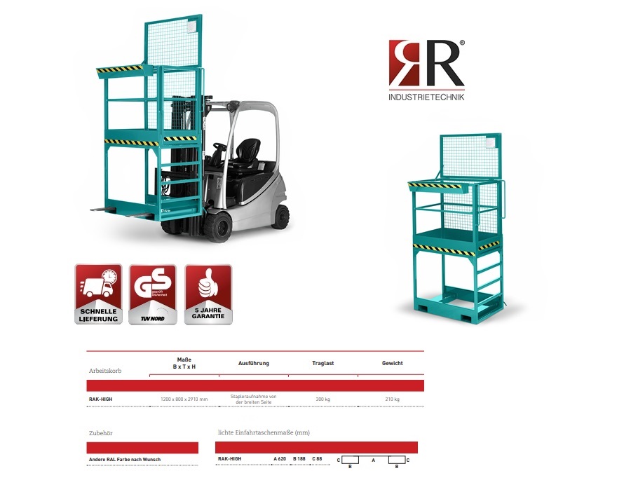 Werkkooi Typ RAK-High 1200 x 800 x 2910 mm RAL 5018