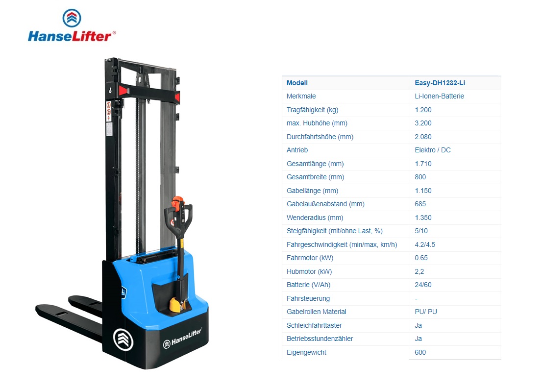 Elektrische meeloopstapelaar Easy-DH1232-Li