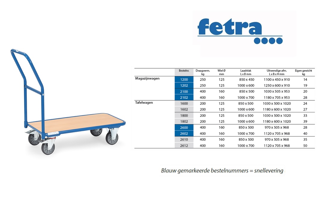 Fetra Magazijnwagen 1200 Laadvlak 850 x 450 mm