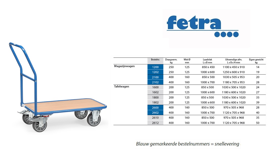 Fetra Magazijnwagen 2100 Laadvlak 850 x 500 mm