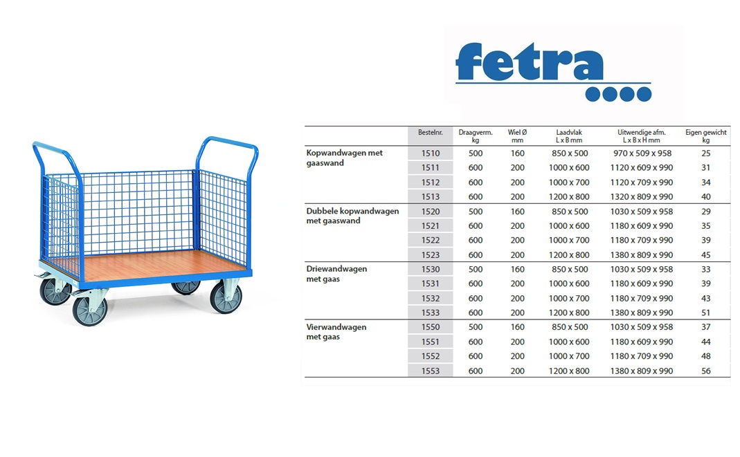 Fetra Driewandwagen 1530 Laadvlak 850 x 500 mm