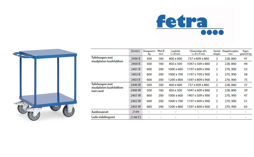 Fetra Tafelwagen 2496B met laadvlak van staalplaat en rand Laadvlak 600 x 600 mm Fetra 2496W | DKMTools - DKM Tools