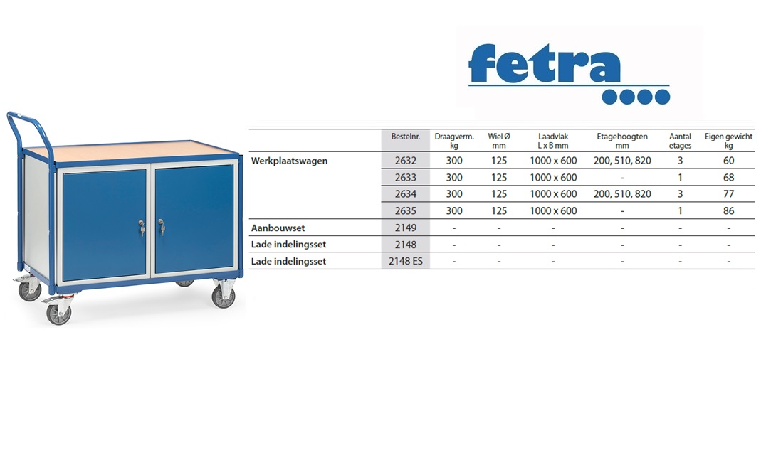 Fetra Lichte werkplaatswagens 2633 Laadvlak 1.000 x 600 mm